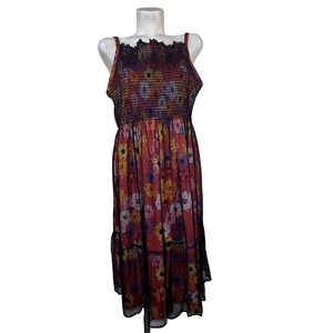 Torrid Floral Mesh Smocked Tiered Midi Dress Plus Size 3X (3) Black Multi Color